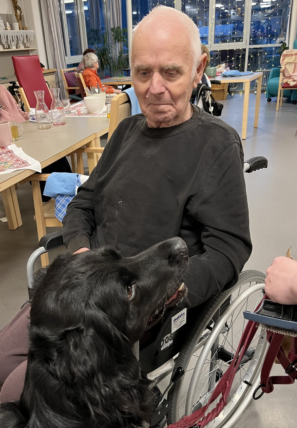 Bewohner lächelt Therapiehund an