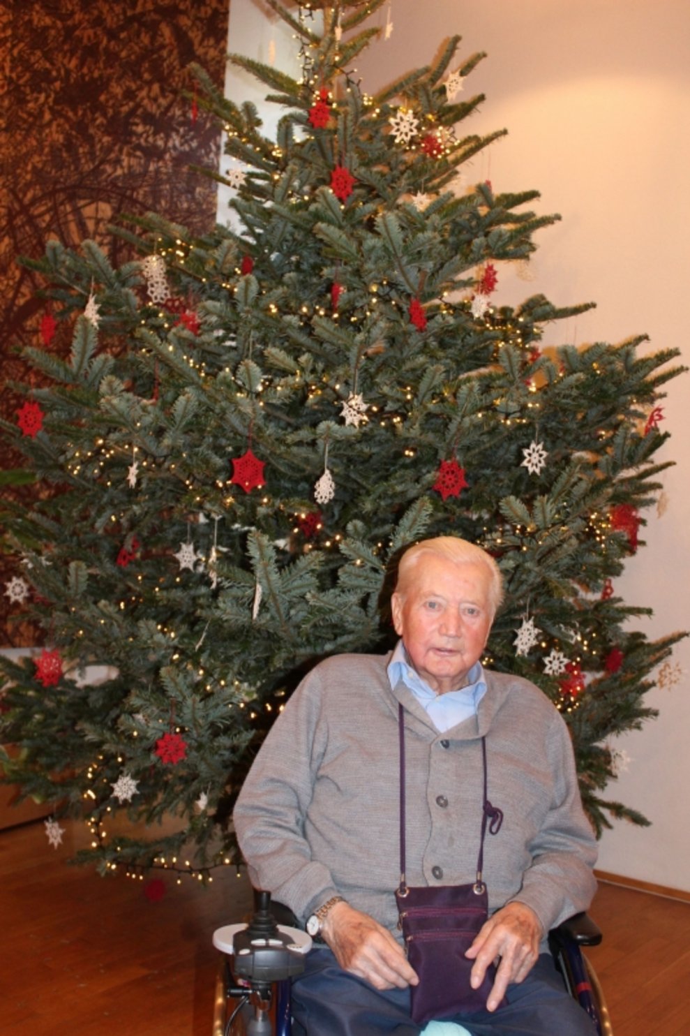 Ein Bewohner sitzt beim Christbaum.