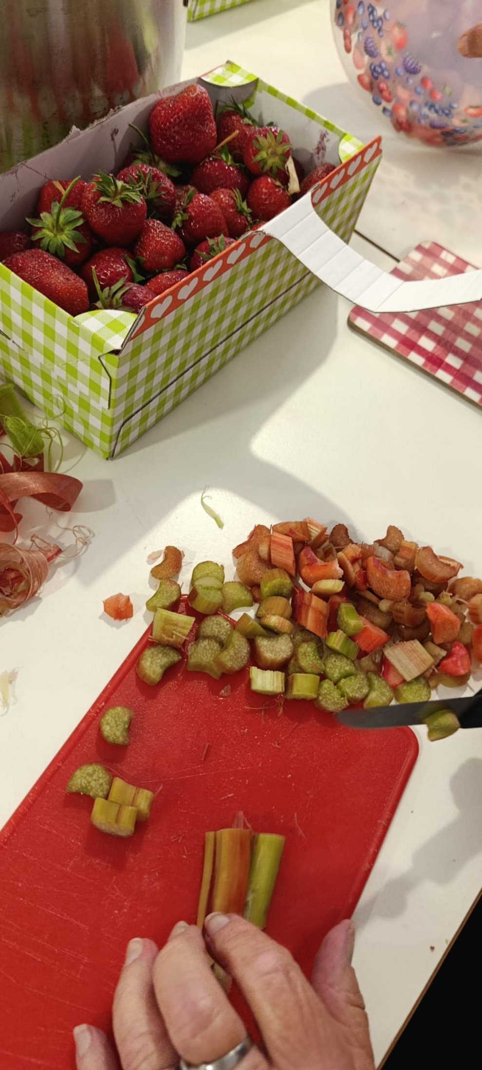 Rhabarber- und Erdbeerstückchen auf Teller. Kartonschachterl mit Erdbeeren. Finger halten Rhabarber-Stangen