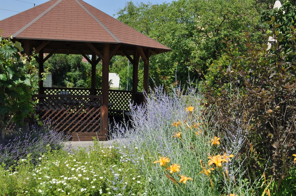 Lavendel blüht und Pavillon im Hintergrund 