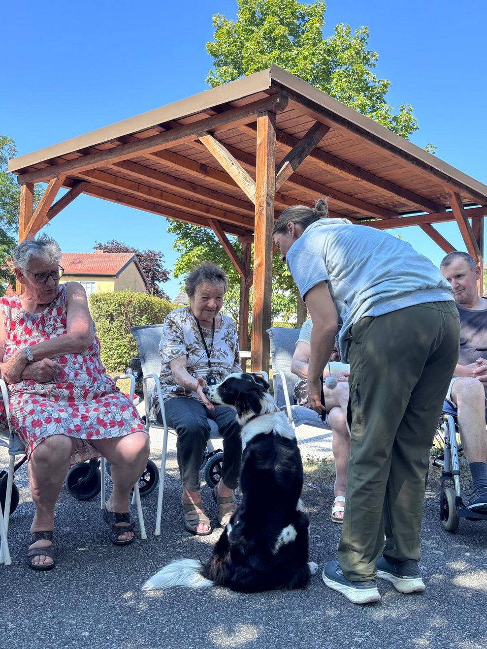 Bewohnerin gibt Hund Leckerlis. Frau steht gebückt.