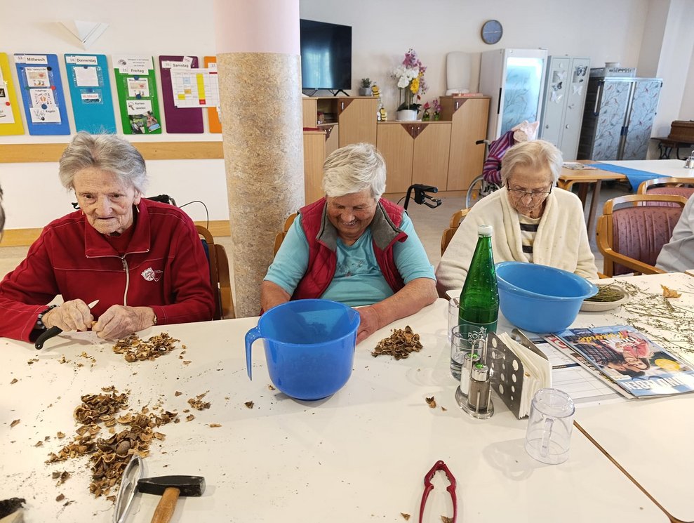 Bewohnerinnen beim Aufmachen der Nüsse und beim Abrebeln vom Lavendel.