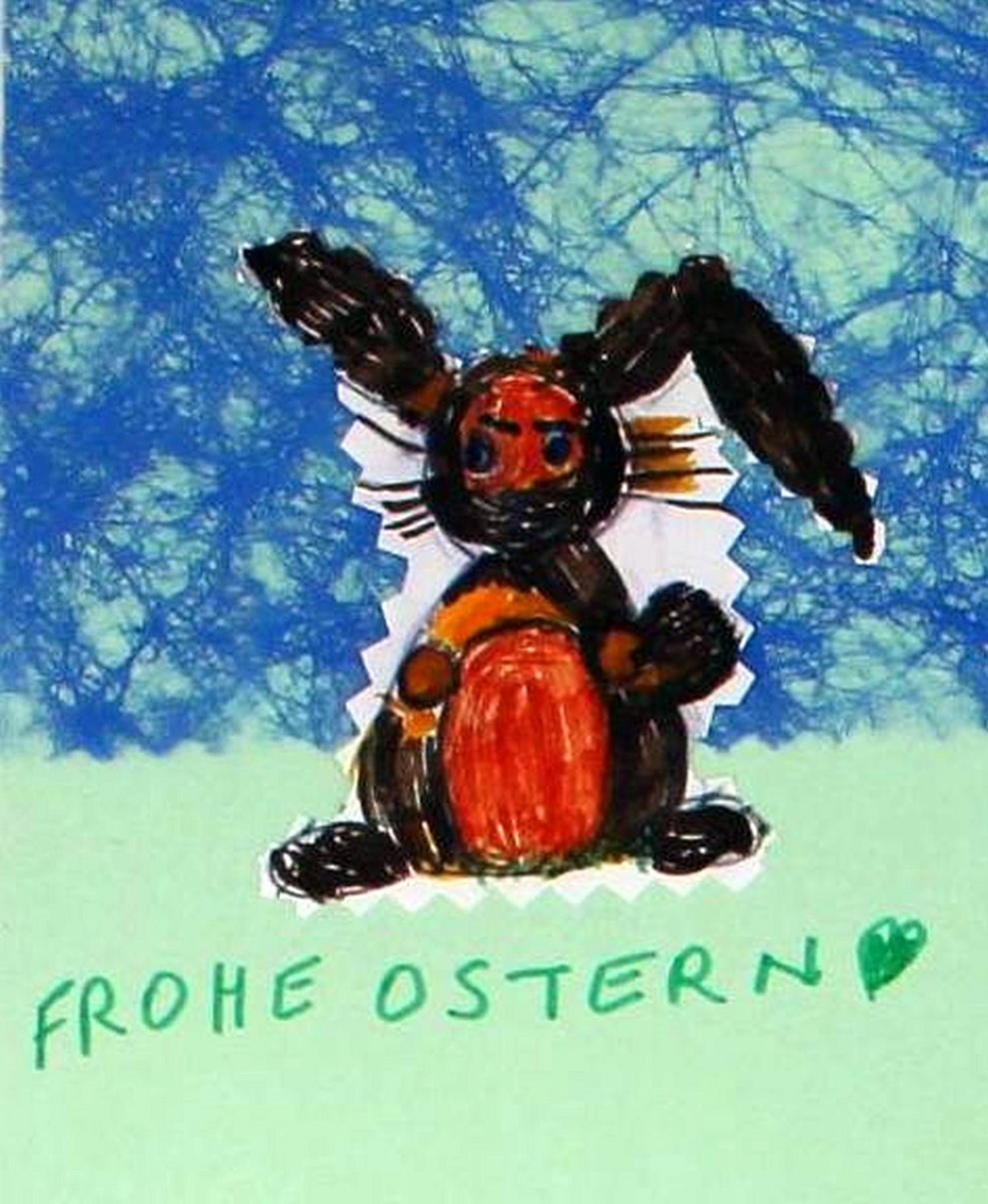 Eine Osterkarte mit einem Osterhasen.