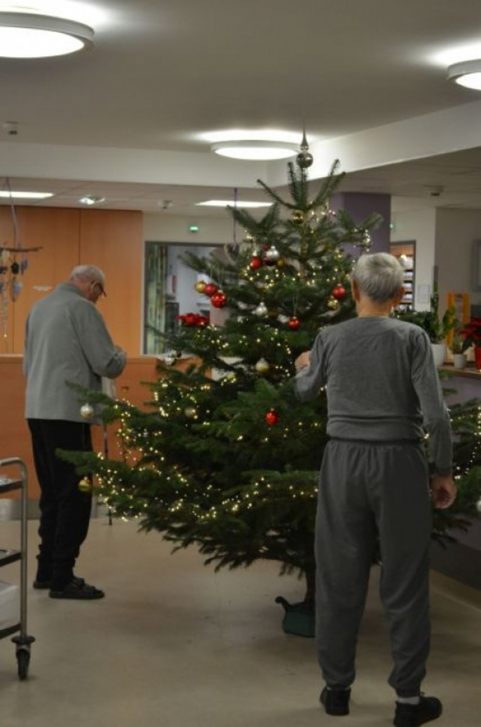 Zwei Bewohner schmücken einen Christbaum.