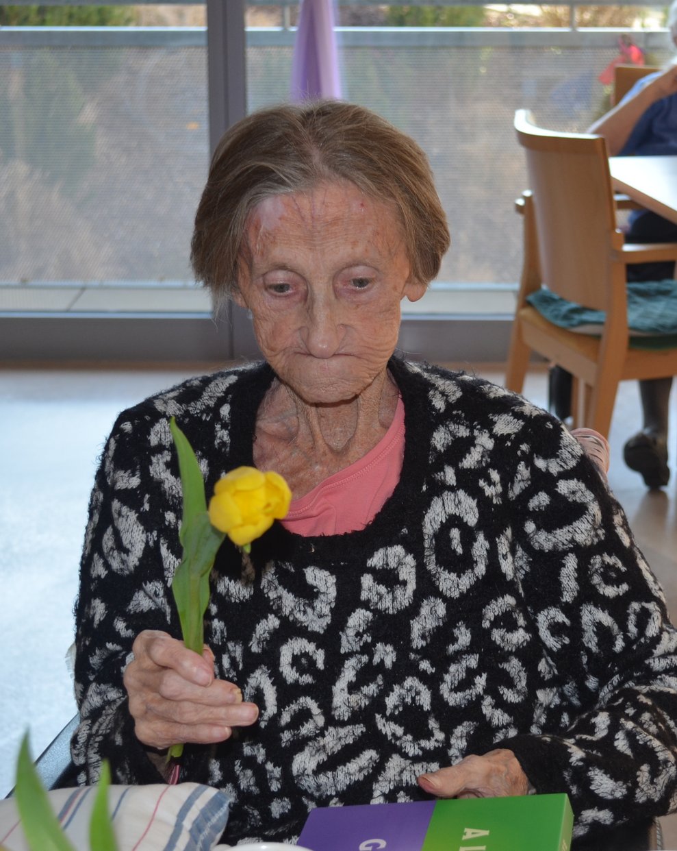 Bewohnerin mit Tulpe und Schokolade