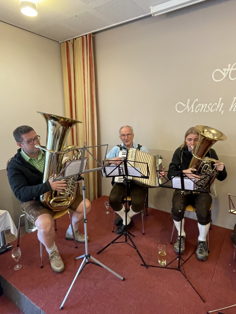 2 Musiker mit Tuba und ein Musiker mit Ziehharmonika 