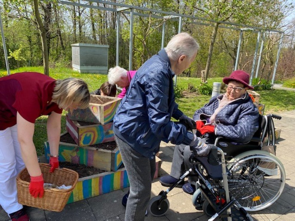 Bewohner beim Einpflanzen von Kartoffeln.