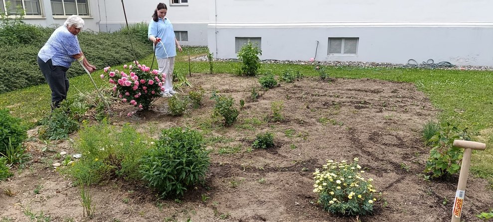 Blumenbeet mit Pflanzen. Ferialpraktikantin gießt mit Schlauch die Pflanzen. Bewohnerin steht daneben.