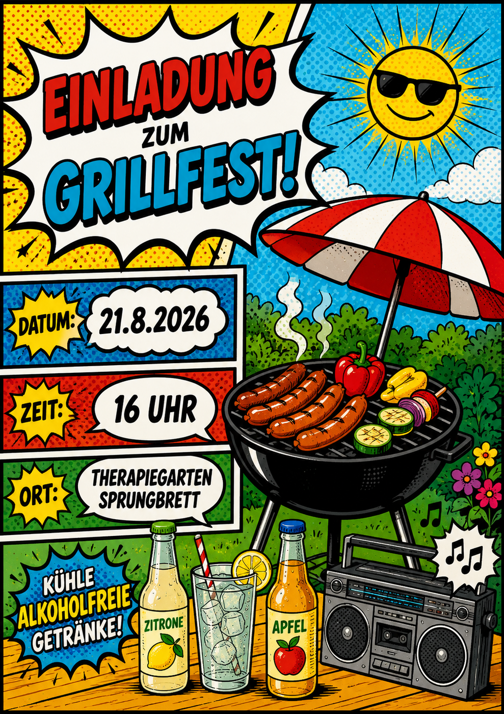 Mit dieser farbenfrohen Einladung werden die Klientinnen und Klienten des Wohnbereiches Sprungbrett schon im Vorfeld zeitgerecht über das bevorstehende Grillfest informiert.