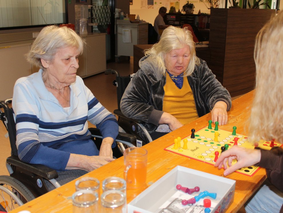 Frau Aichinger und Frau Daverda spielen konzentriert mit den Schülerinnen und Schülern „Mensch ärgere dich nicht“
