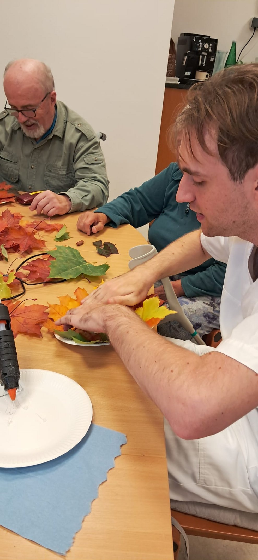 Sitzender Alltagsbegleiter pickt mit Hand bunte Blätter auf den Tellerrand. Blätter liegen auf Tisch. Sitzender Bewohner.