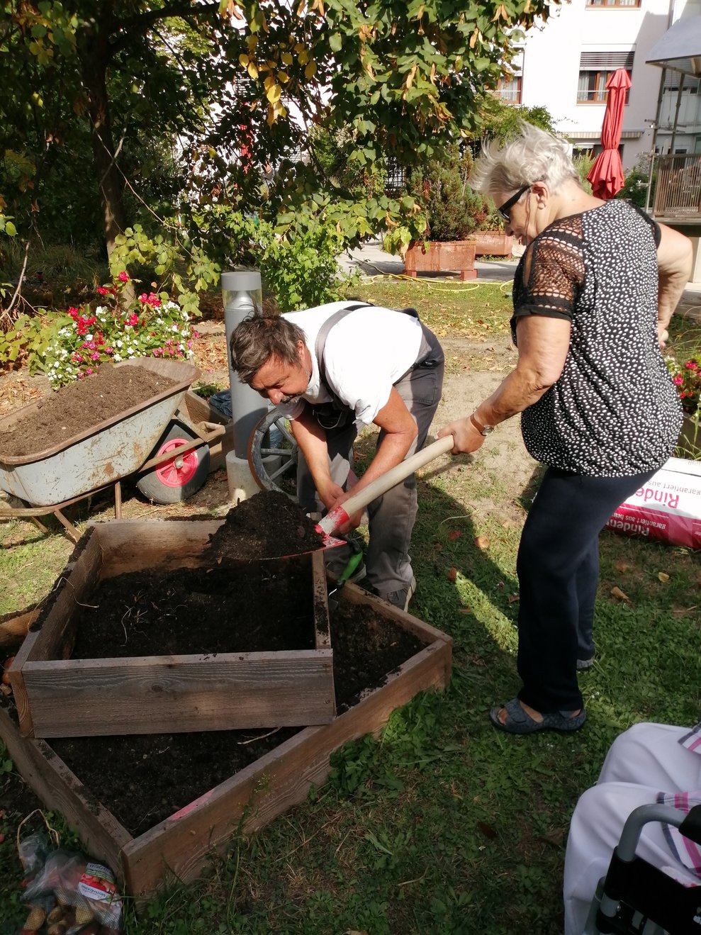 Mitarbeiter und Bewohner bei der Ernte
