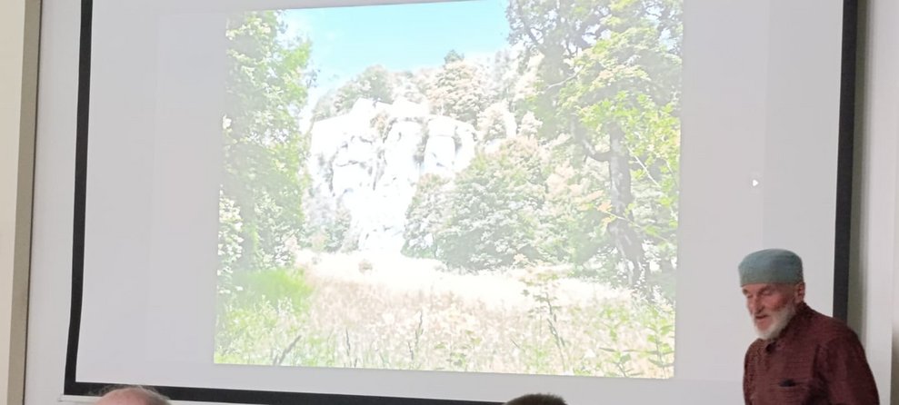 Ehrenamtlich Tätiger spricht vor Leinwand mit Foto.