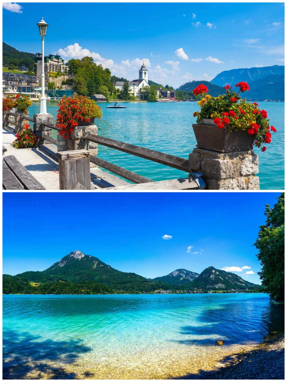 Zum Wolfgangsee (Foto oben) braucht man nicht viel zu sagen, vielleicht zwei Worte "Weißes Rössl". Den Fuschlsee (Foto unten) kann man auf einer Länge von ca. 11km gemütlich umwandern.