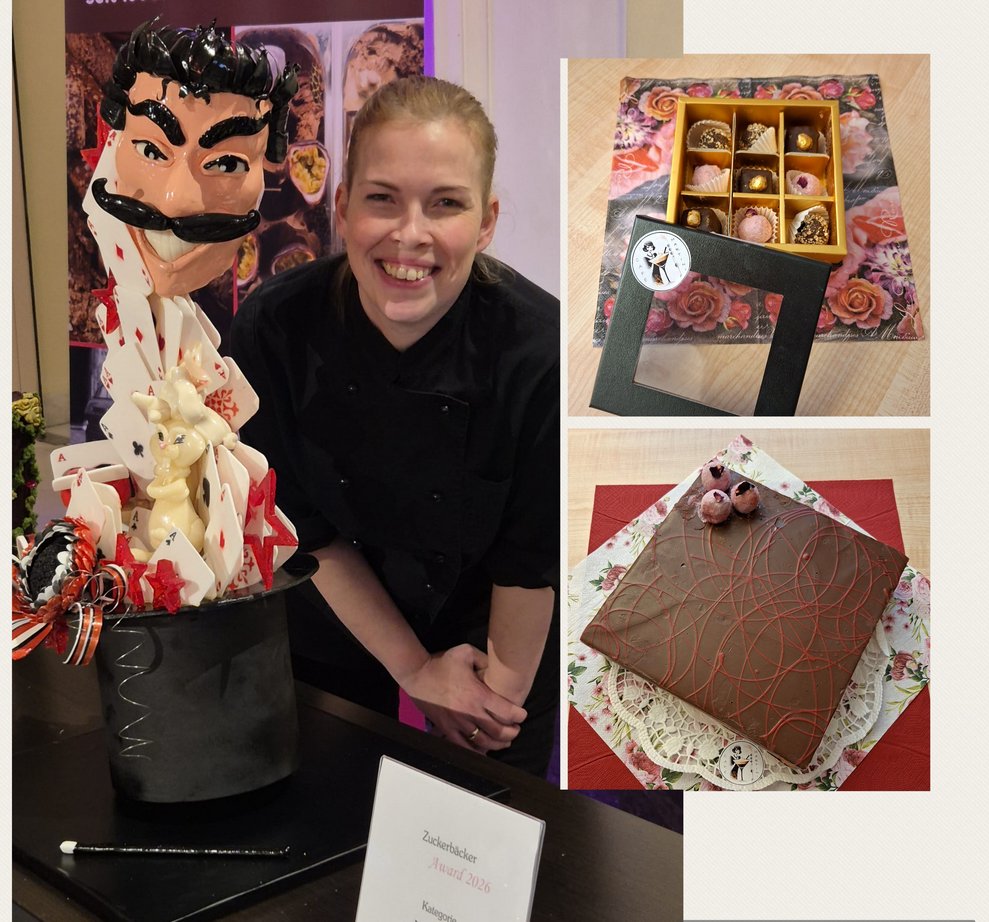 eine Konditorin mit Pralinen, Martinstorte und einem Zuckerkunstwerk