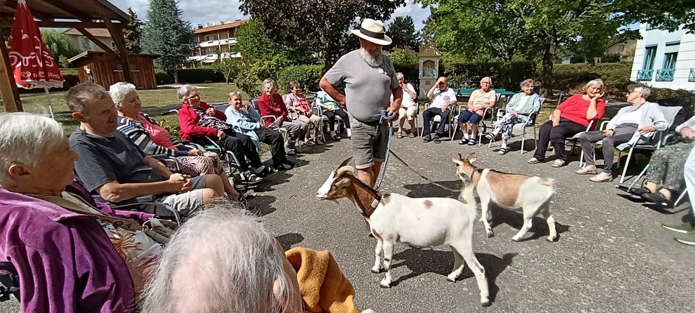 Mann hält zwei Ziegen an der Leine. Sitzende BewohnerInnen.