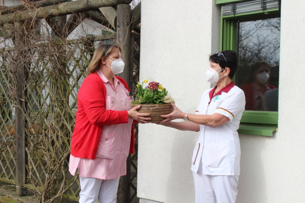 Zwei Betreuerinnen mit einer Pflanze.