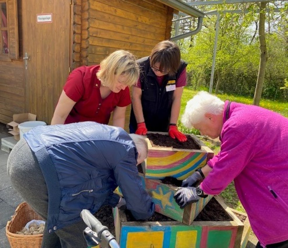 Alle gemeinsam füllen die Erde in die Pyramide ein