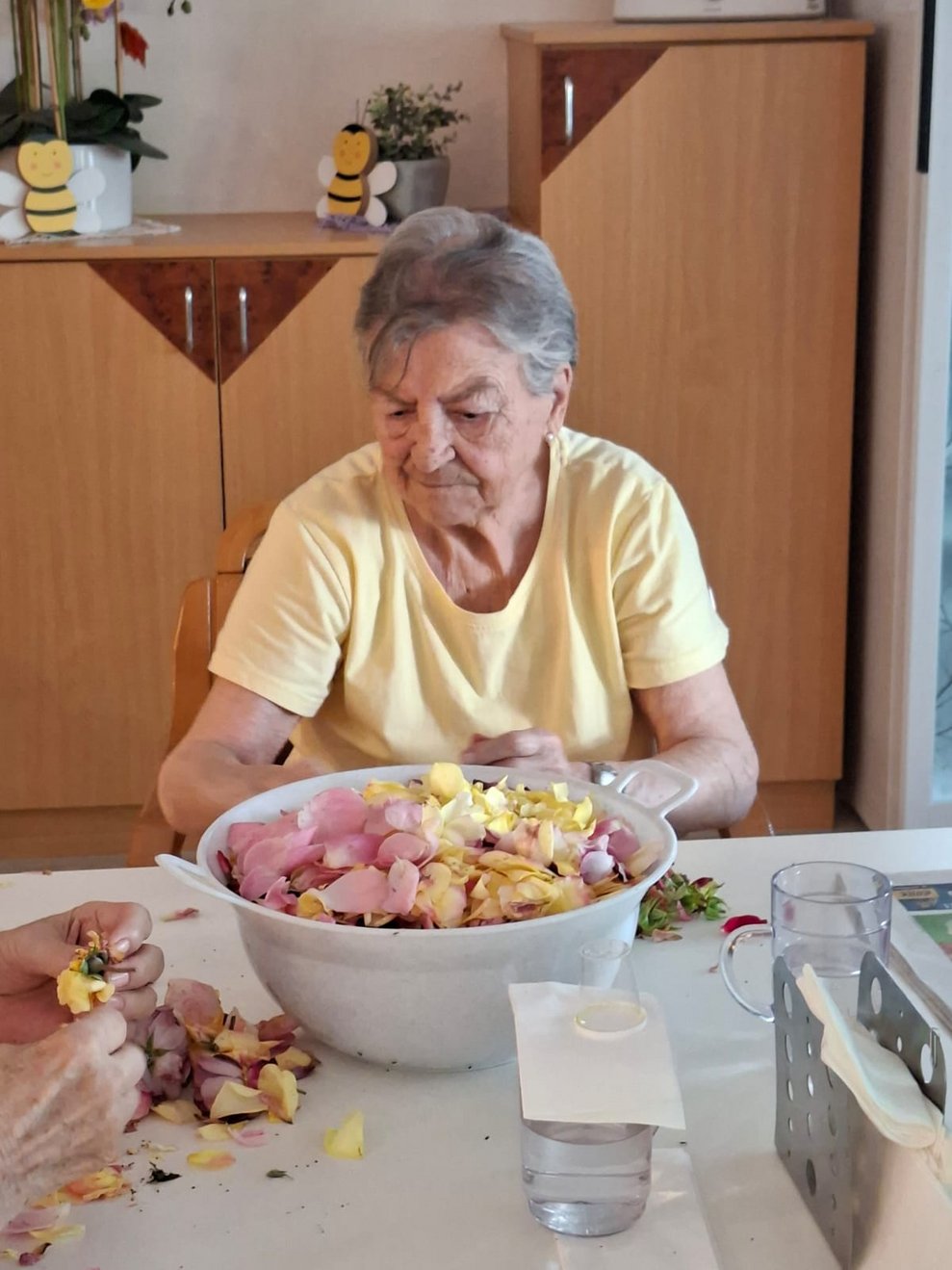 Bewohnerin beim Abzupfen von Rosenblütenblätter.